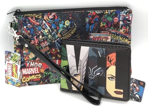 Marvel Brick Avengers Faces Black Multi Color Bifold Wallet and Pencil Case NEW
