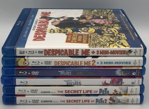 Blu Ray LOT 6 Family Movies Universal Trolls, Despicable Me, Secret Life Of Pets