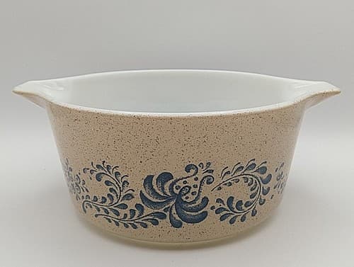 Vtg Pyrex 474-B - 1.5 qt Homestead Speckled Tan and Blue Casserole Dish