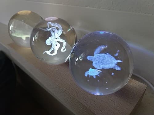 3 Clear Glass Laser Etched 3D Aquarium LED Spheres with Wooden Base Oregon